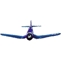 Blue and purple propeller airplane viewed from front, with white nose light and sleek design against black background.