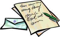 Handwritten note on yellow paper with green pen resting on it, beside a light green envelope with purple seal.