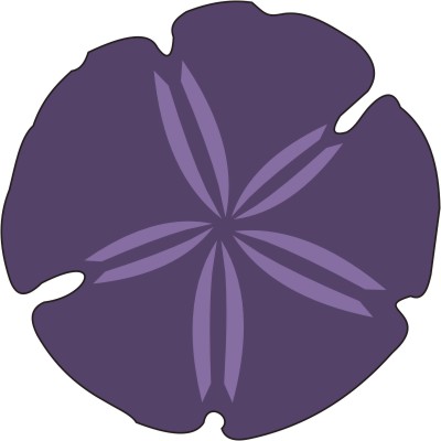 Purple sand dollar illustration with five-petaled radial symmetry and scalloped edges.