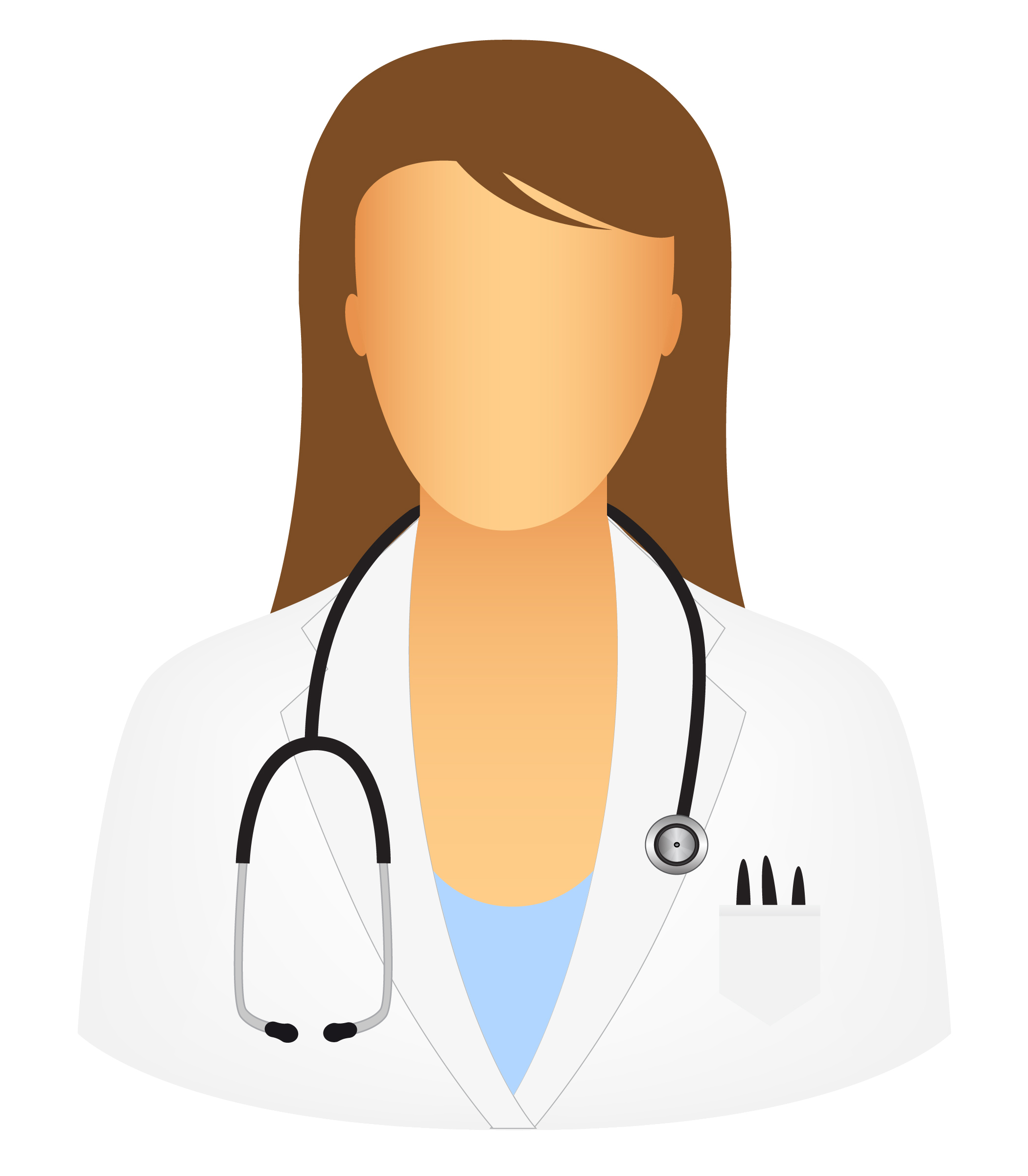 Female doctor icon wearing white coat with stethoscope around neck and pens in pocket.