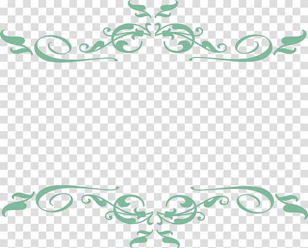 Mint green ornamental scrollwork border design with floral flourishes on transparent background.