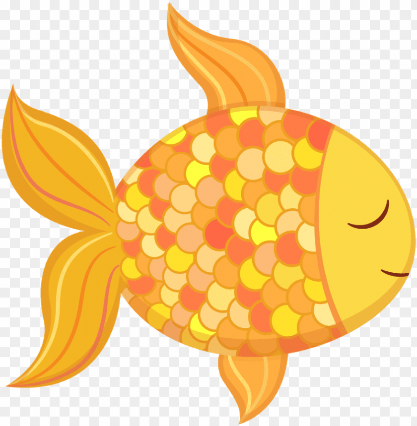 A cheerful cartoon goldfish with orange-yellow scales, closed eyes, and flowing fins on a transparent background.