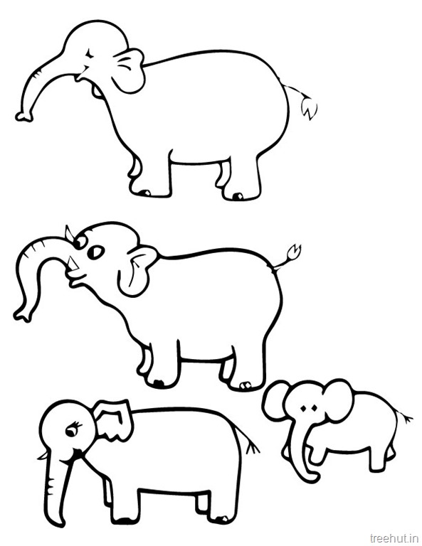 Four black-and-white line drawings of elephants in various playful poses, including adult and baby elephants.