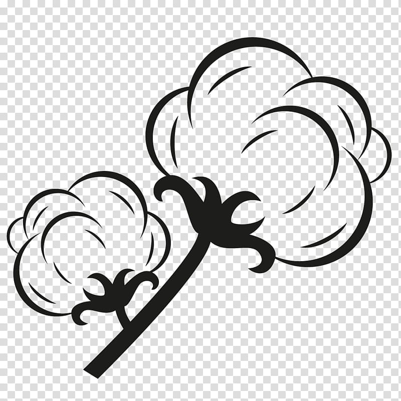 Black-and-white stylized illustration of two cotton bolls on a stem with swirling fiber details.