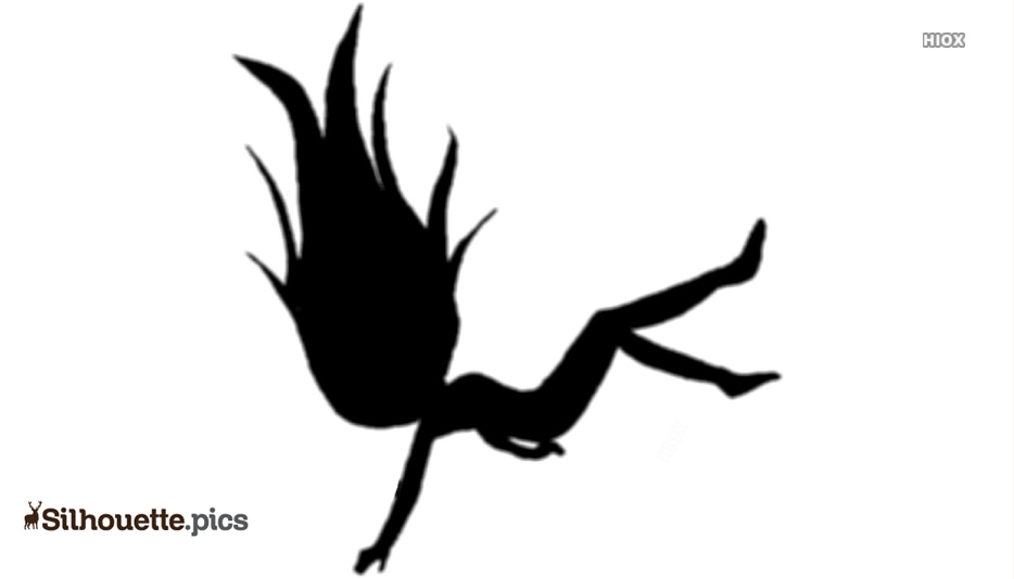 Silhouette of a woman mid-fall with flowing hair, dynamic pose against white background.