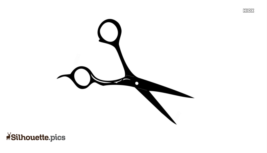 Black silhouette of professional hairdressing scissors with ergonomic finger loops and sharp blades, isolated on white background.