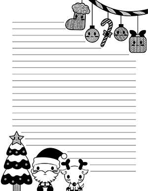 Black-and-white Christmas-themed lined stationery with Santa, reindeer, tree, and hanging ornaments.