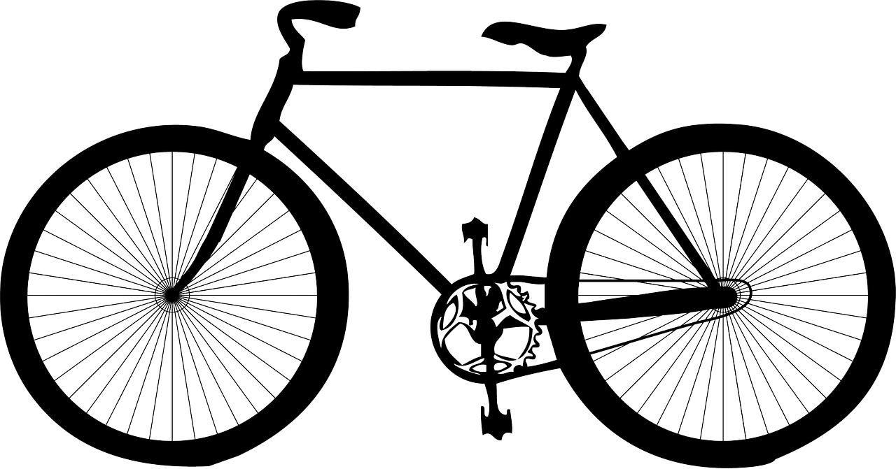 Black silhouette of a classic road bicycle with spoked wheels and drop handlebars on teal background.