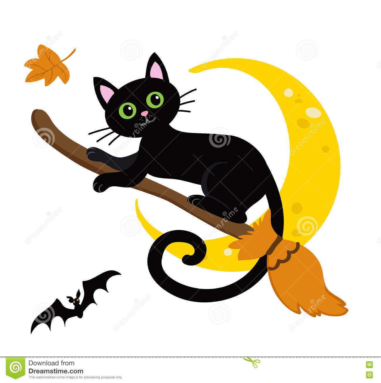 Cute black cat with green eyes perched on a broomstick under a yellow crescent moon, with a flying bat and autumn leaf.