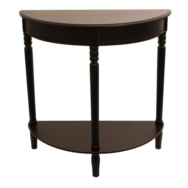 Black half-moon console table with turned legs and lower shelf, elegant traditional design.