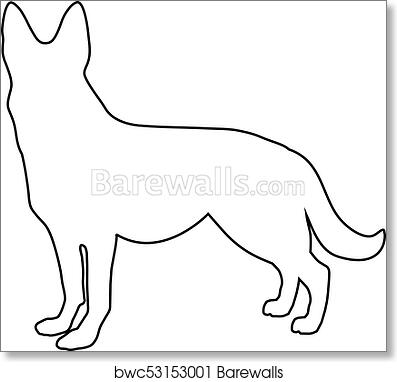 Black outline silhouette of a standing dog, side profile, minimalist line art on white background.