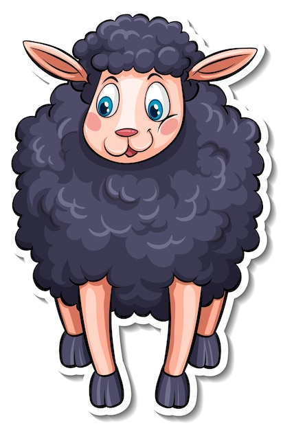 Cute cartoon black sheep with fluffy wool, big blue eyes, and pink ears standing front-facing.