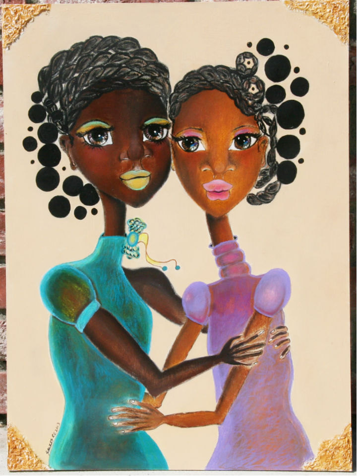 Two stylized Black women embracing, one in teal and one in lavender, with bold makeup and artistic black-dot halos.