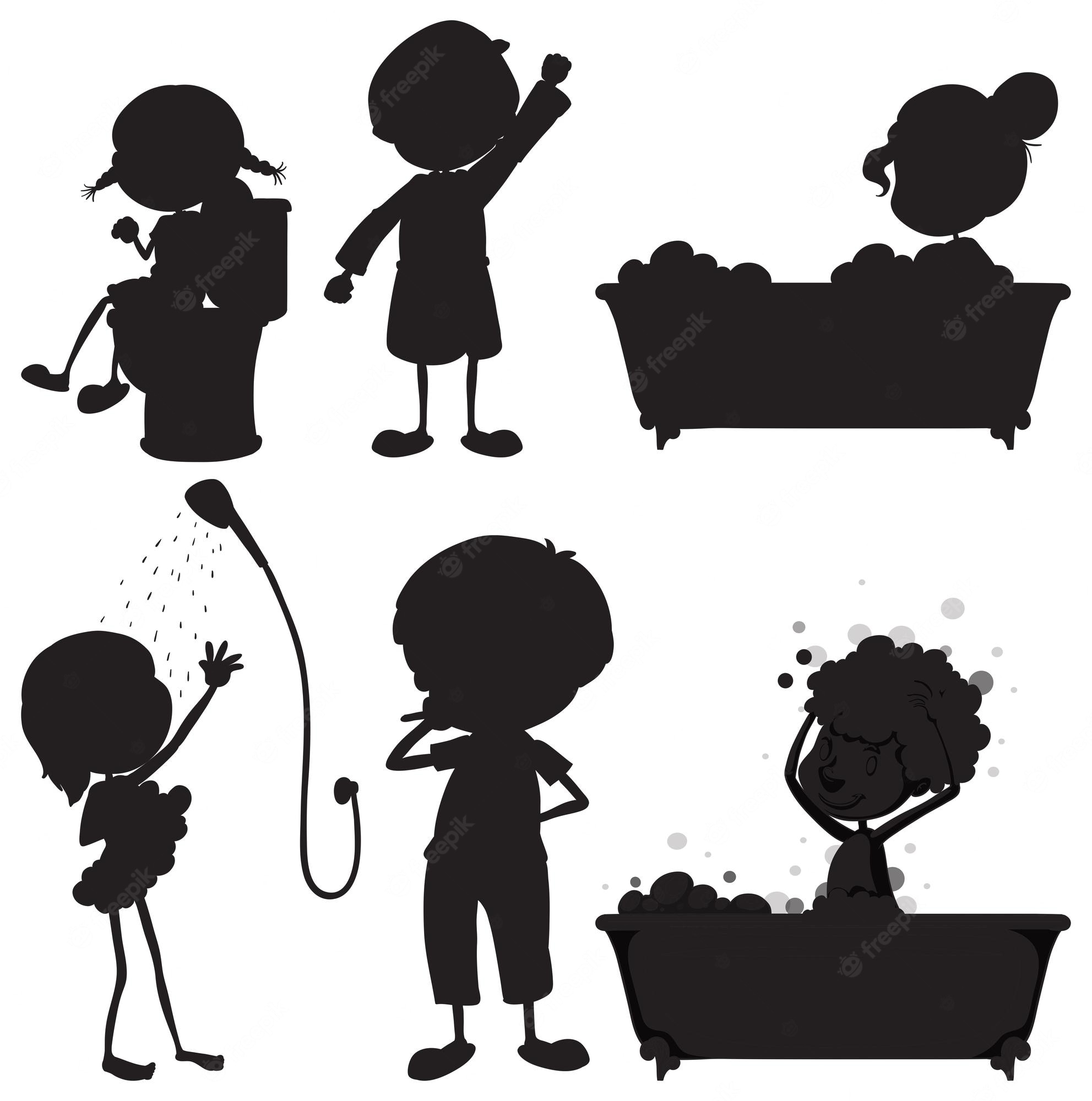 Silhouettes of children performing daily hygiene routines: brushing teeth, bathing, showering, and using the toilet.
