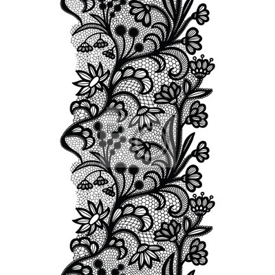 Black floral lace border pattern with intricate vines, blossoms, and netted texture on white background.