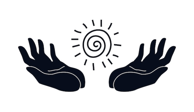 Two open hands cradling a spiral sun symbol, representing energy, healing, or spiritual offering.