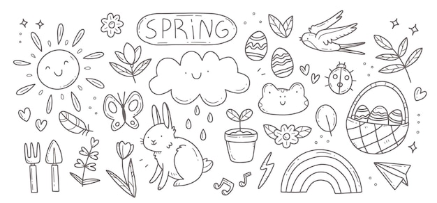 Hand-drawn spring-themed doodles including sun, bunny, eggs, rainbow, flowers, and birds.
