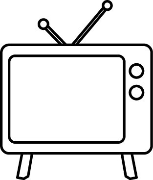 Black-and-white line drawing of a retro television set with antenna and control knobs.