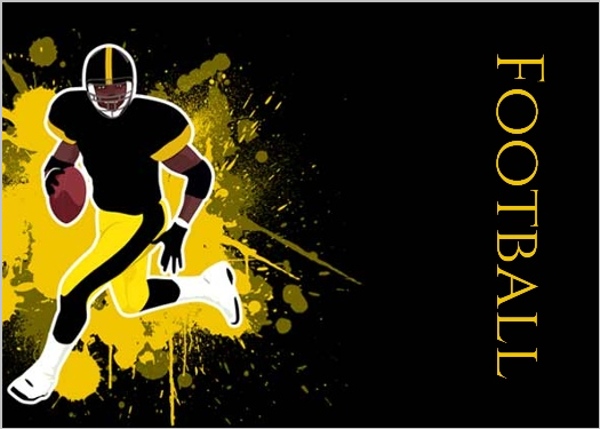 Silhouetted American football player in black and yellow uniform running with ball against black background with paint splatter effect.