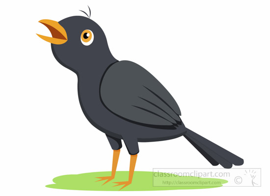 Cartoon blackbird with orange beak and legs, standing on green grass, singing with open mouth.