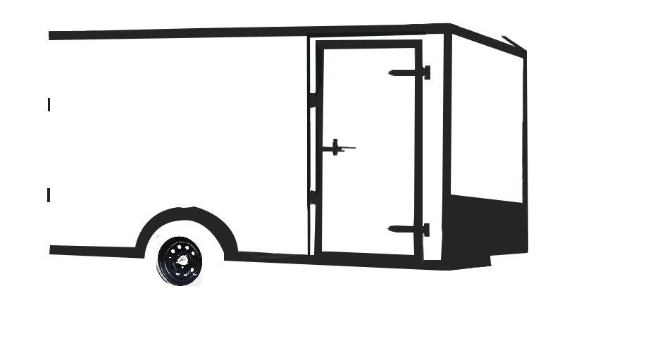 Silhouette of a delivery van with visible wheel and side door, minimalist black-and-white design.