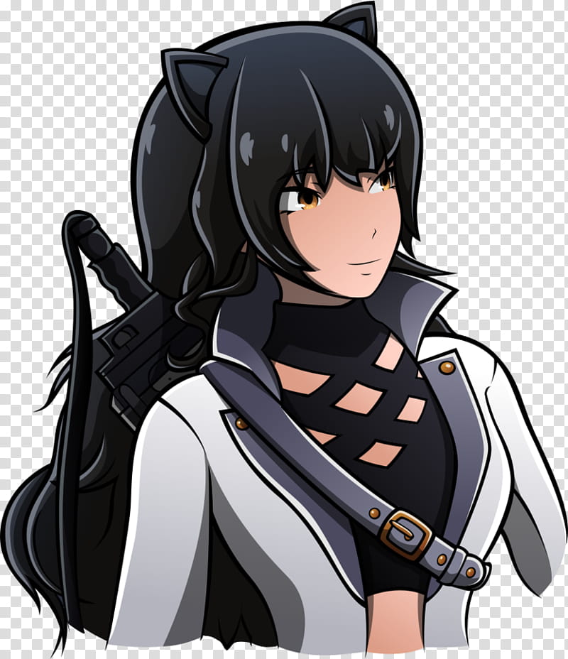 Anime-style female character with black cat ears, long dark hair, and a white jacket carrying a rifle on her back.