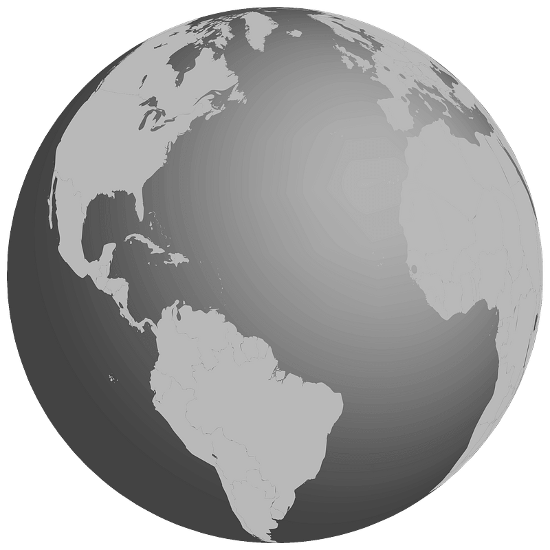 Grayscale 3D globe showing Americas, Atlantic Ocean, and parts of Europe and Africa with shaded relief and country borders.
