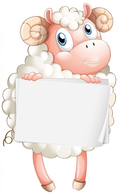 Friendly cartoon ram with curly horns holding a blank white sign, smiling warmly.
