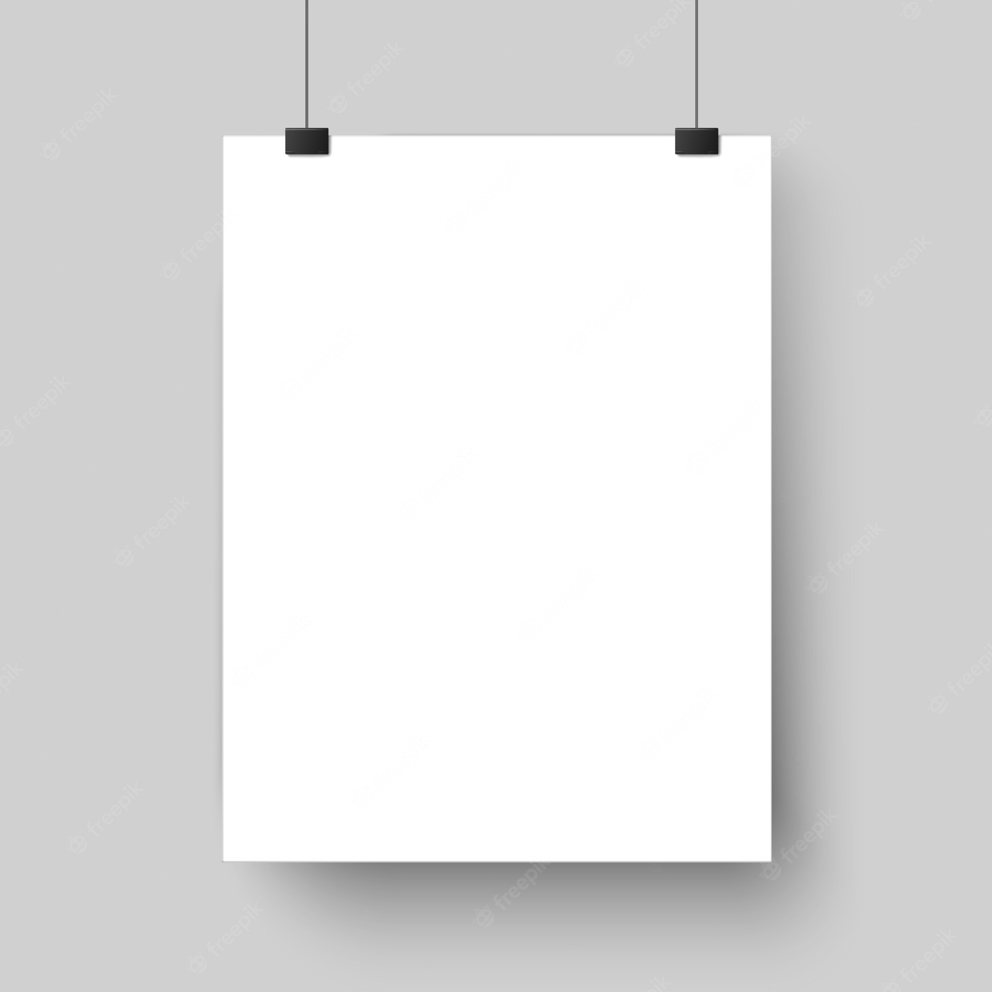Blank white poster hanging from black clips against light gray background, casting soft shadow.