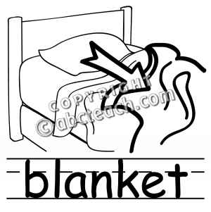 Line drawing of a bed with a rumpled blanket and the word "blanket" labeled below.