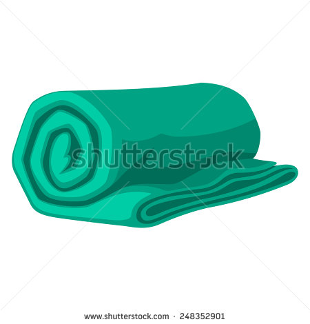 Rolled green towel on white background, cartoon-style illustration.