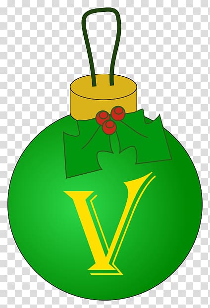 Green Christmas ornament with yellow "V" logo, holly berries, and gold cap on transparent background.