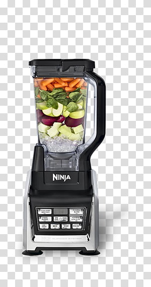 Ninja blender filled with colorful fruits, vegetables, and ice, ready for blending.