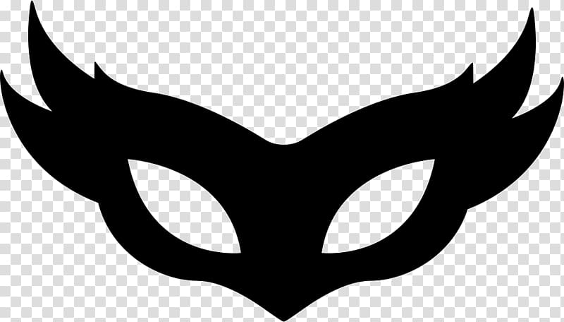 Black stylized masquerade mask with wing-like extensions and eye cutouts on transparent background.