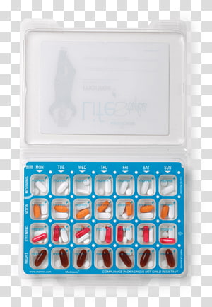 Blue weekly pill organizer with labeled compartments containing various pills and capsules for morning, noon, evening, and bedtime doses.