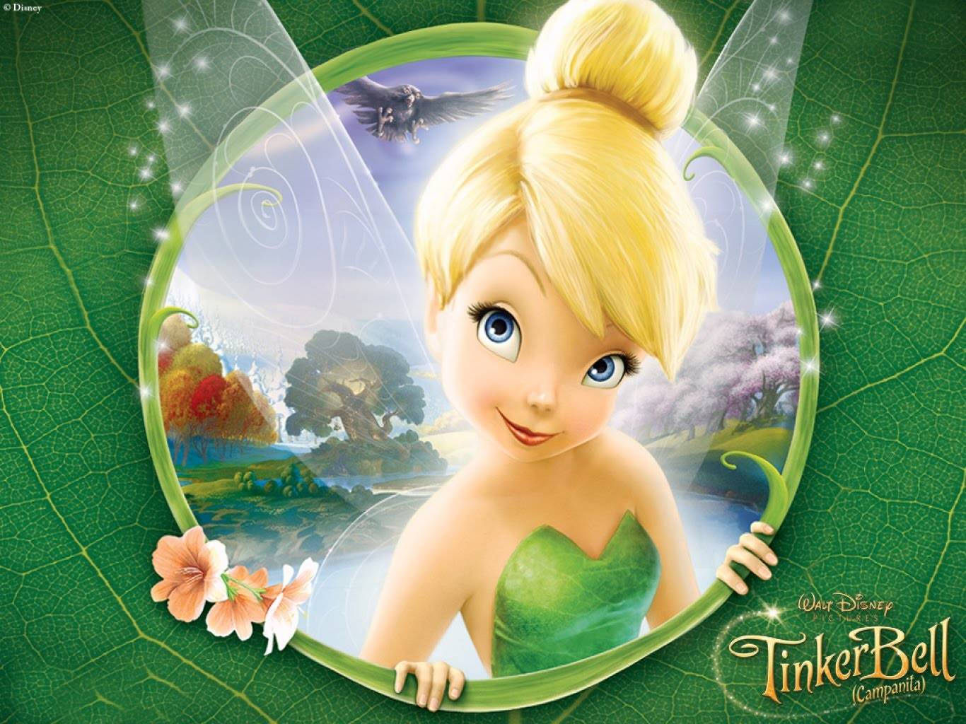 Tinker Bell peeks through a leaf-framed portal with fairy wings, flowers, and a magical forest backdrop.