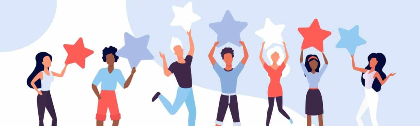 Diverse group of people joyfully holding colorful stars aloft in celebration.