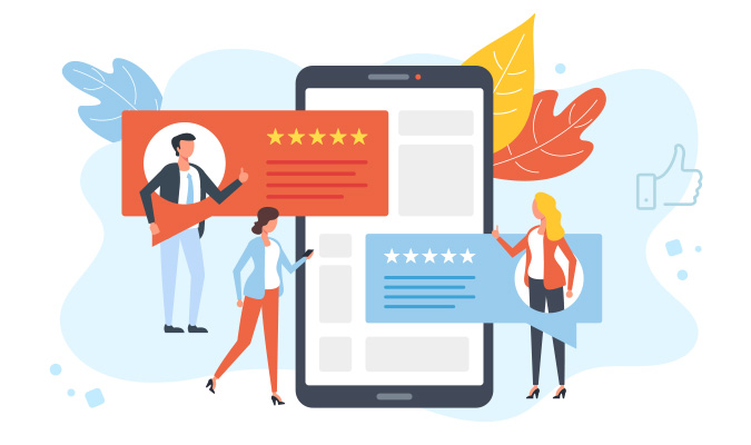 People interacting with a smartphone displaying star ratings and review cards in a modern illustration.