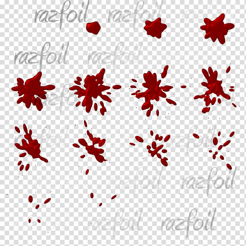 Collection of realistic red blood splatter graphics on transparent background for digital design use.