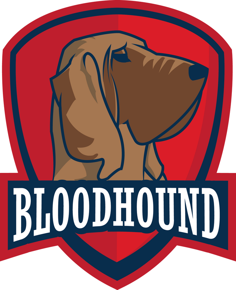 Bloodhound dog logo in red and navy shield with bold white text.