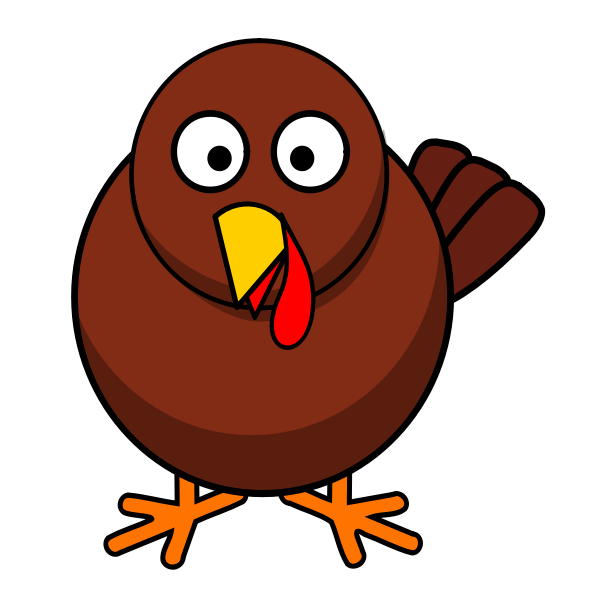 Cute cartoon turkey with big eyes, yellow beak, red wattle, and orange feet on black background.
