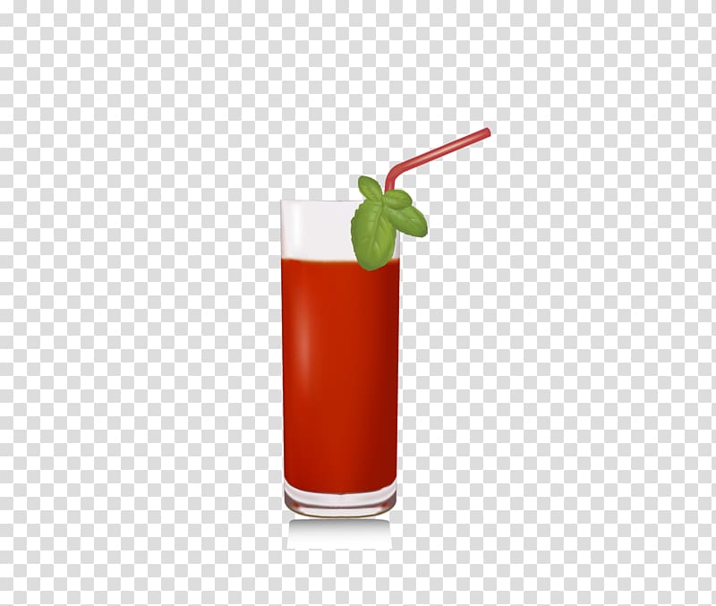 Tall glass of red beverage with frothy white top, mint garnish, and red straw on transparent background.