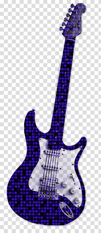 Electric guitar with vibrant purple dot pattern overlay on transparent background.