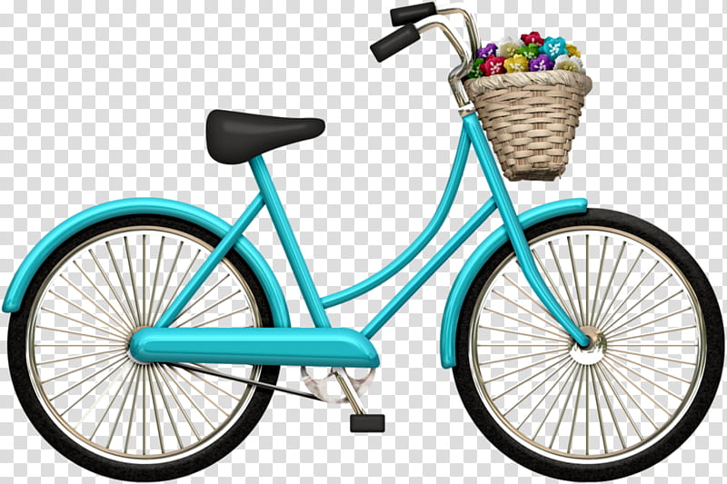 Turquoise vintage-style bicycle with wicker basket filled with colorful flowers, black seat and handlebars, on transparent background.