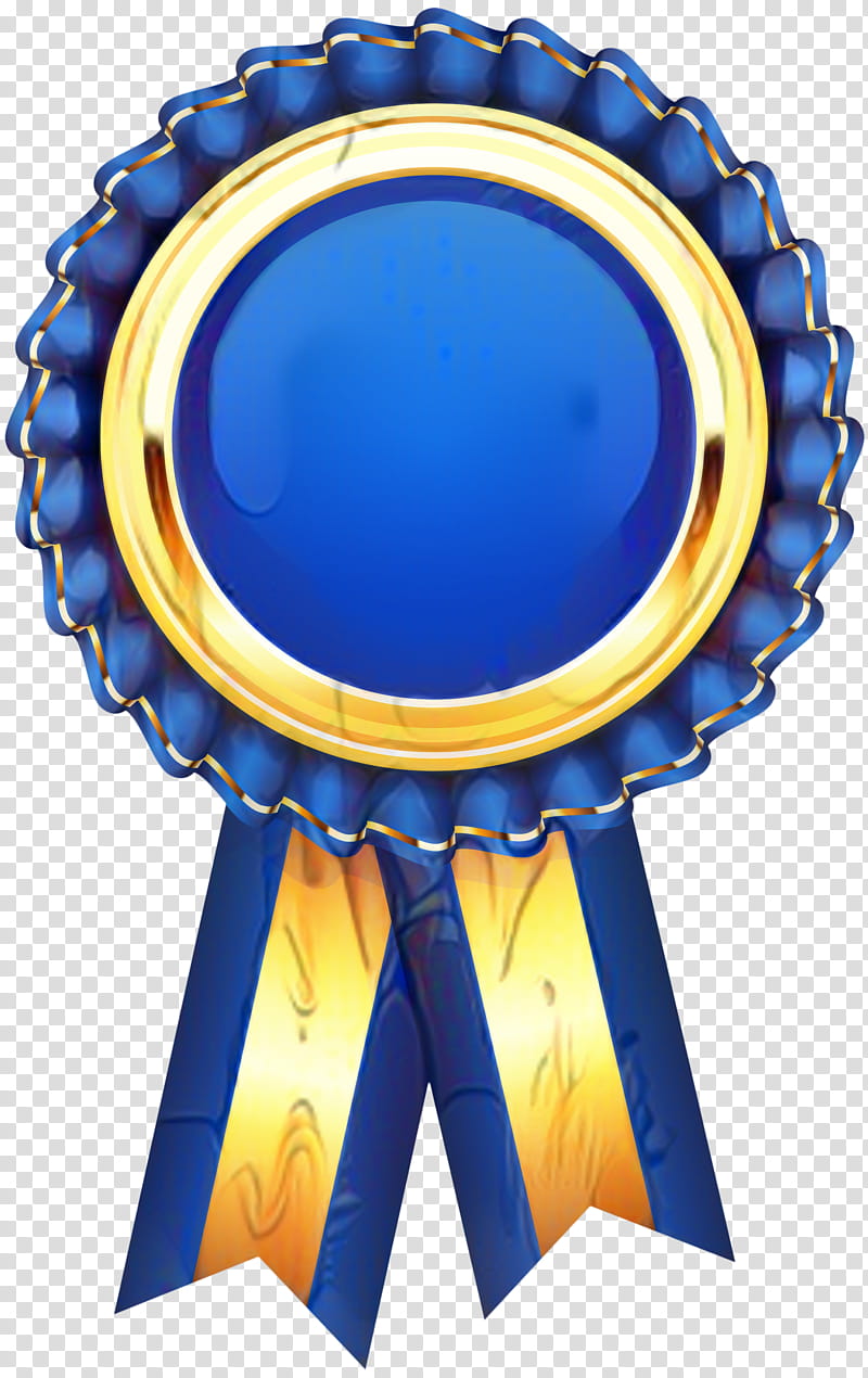 Blue and gold award ribbon with glossy center and ruffled edges, symbolizing excellence and recognition.