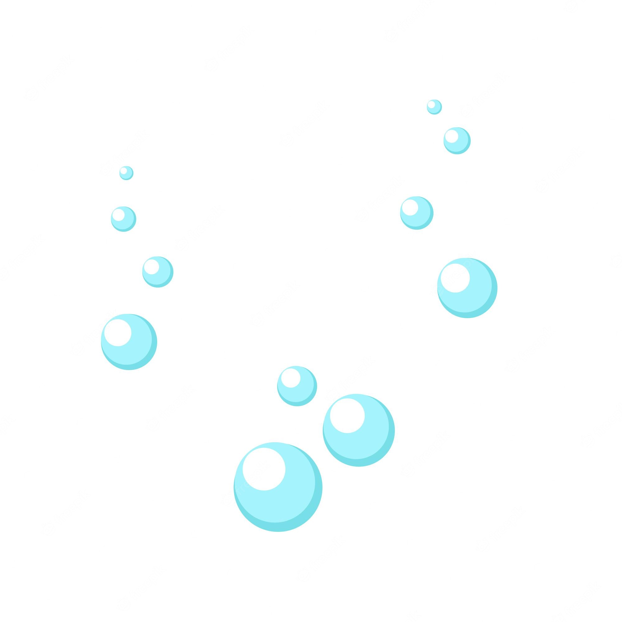 Light blue cartoon-style bubbles rising against a white background, varying in size with highlights for depth.