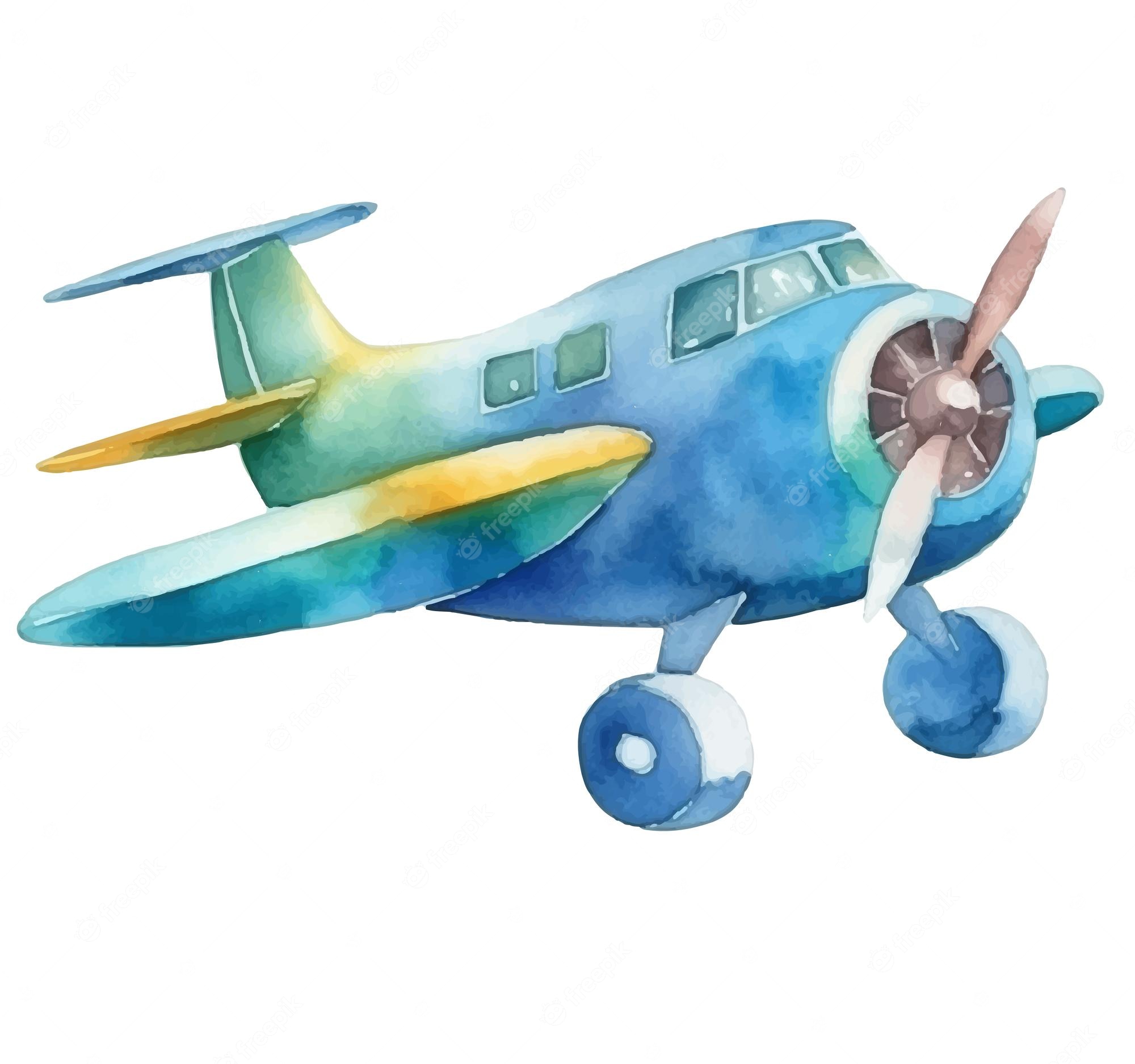 Watercolor illustration of a vintage blue propeller airplane with green and yellow accents, isolated on white background.