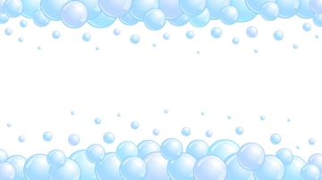 Light blue soap bubbles forming decorative borders at top and bottom on white background.