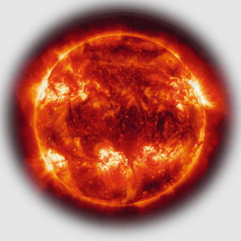 A vivid, high-resolution image of the Sun showing fiery plasma, sunspots, and solar flares against a dark background.