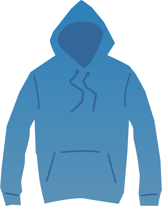 Blue hooded sweatshirt illustration with drawstrings and front pocket, flat vector style on transparent background.